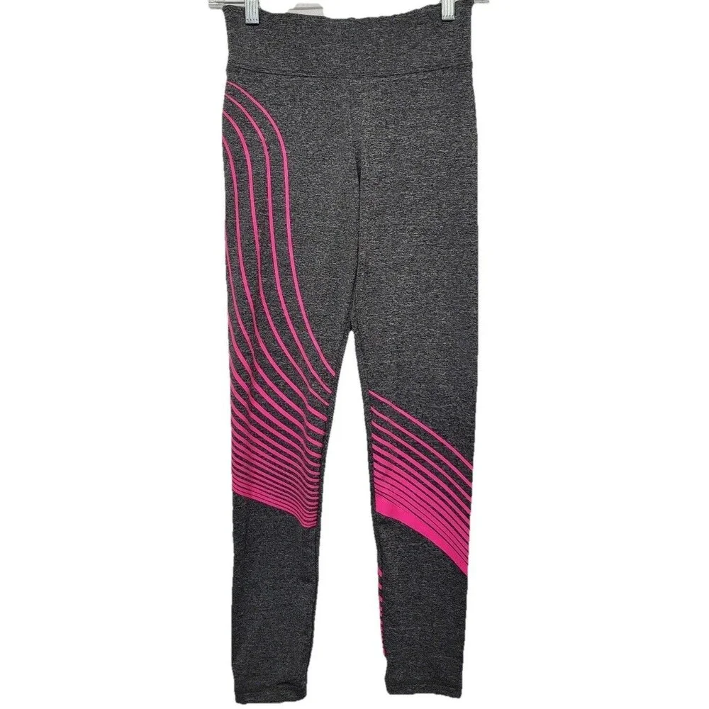 Justice Girls Leggings Size 14 Gray Pink Striped Athletic Stretch Activewear